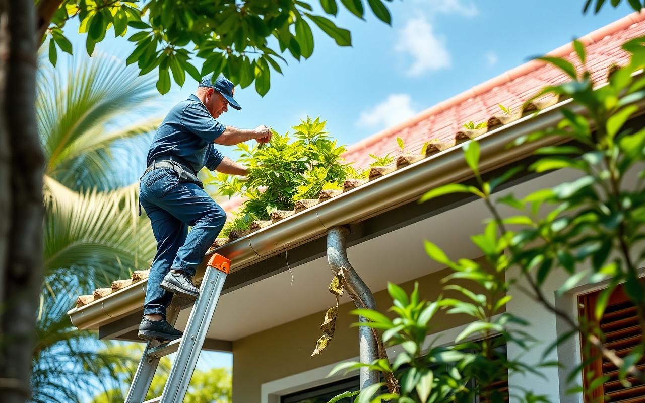 Gutter being cleared of leaves and debris