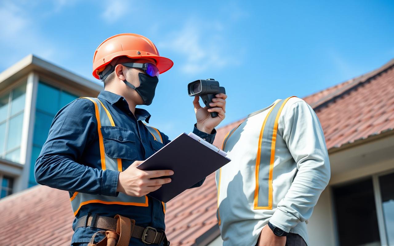 Inspector reviewing a roof with a thermal camera