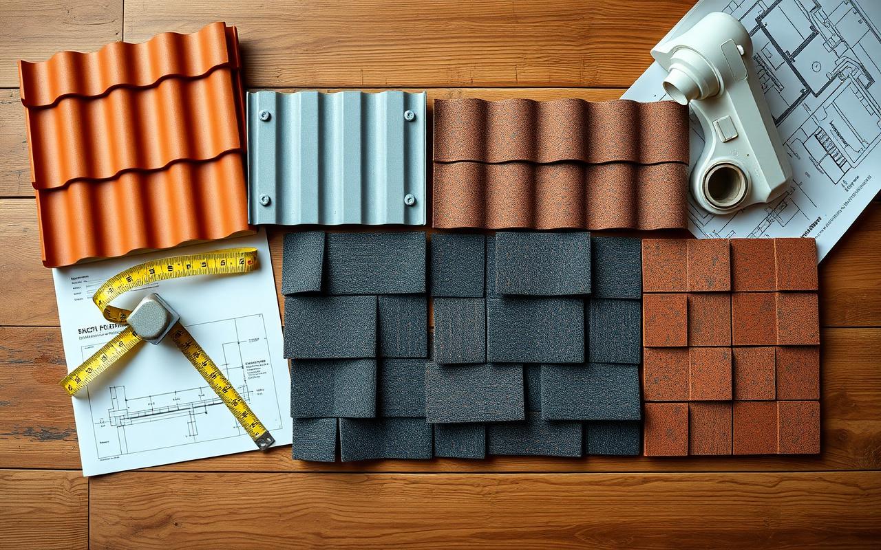 Roofing material samples laid out for comparison