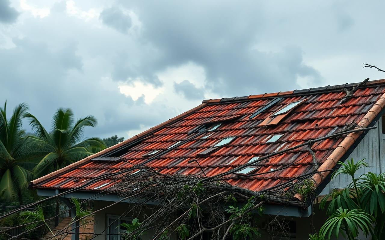 Storm-damaged Malaysian roof after monsoon
