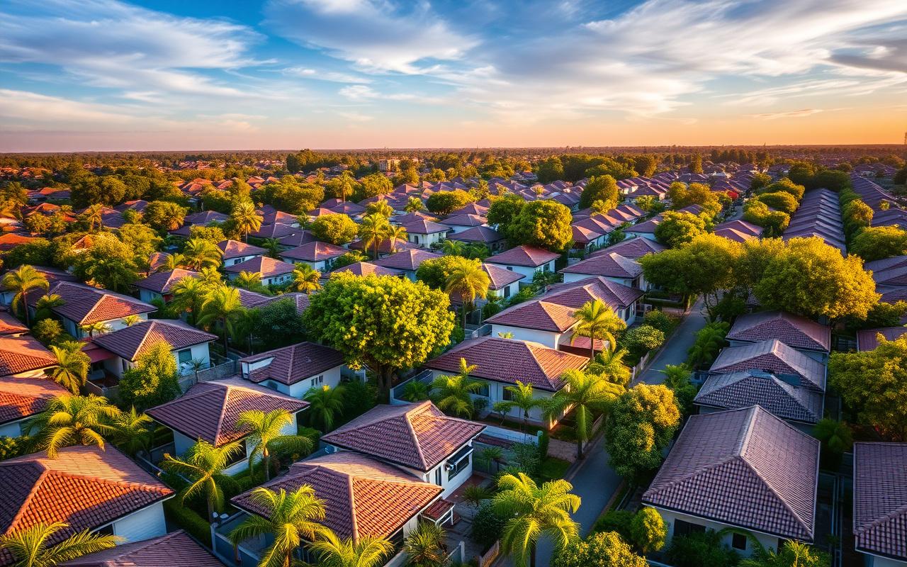 Aerial view of well-maintained neighborhood roofs