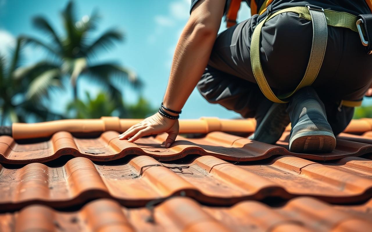 Roofer carefully replacing a cracked terracotta tile